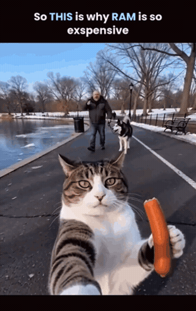 Cat Holding Sausage While Man Walks Dog GIF