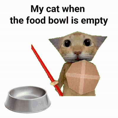 Cat Holding Sword And Shield Next To Food Bowl GIF