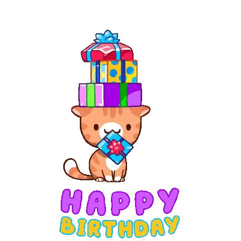 Cat In Birthday Hat Holding Gift Sticker