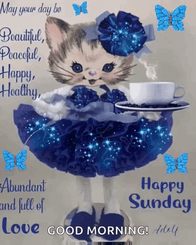 Cat In Blue Dress Holding Coffee GIF