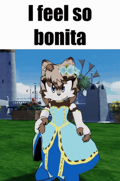 Cat In Blue Dress Saying I Feel So Bonita GIF