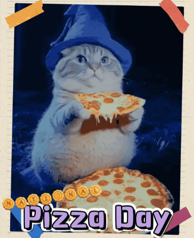 Cat In Blue Hat Holding Pizza Saying National Pizza Day GIF