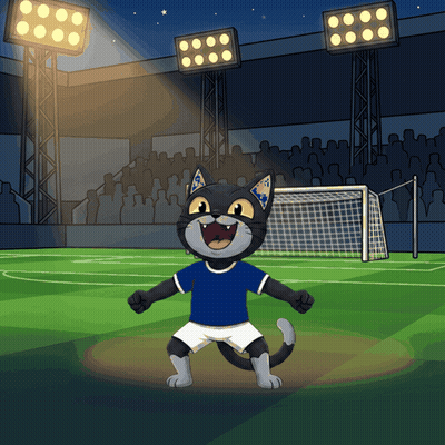 Cat In Blue Shirt And Shorts On Soccer Field GIF