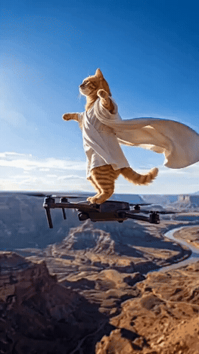 Gato con capa volando en dron GIF