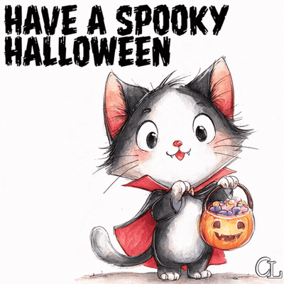 Cat In Cape Holding Bucket Of Candy Saying Have A Spooky Halloween GIF