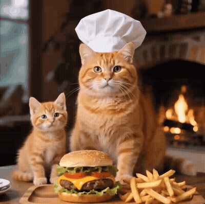 Cat In Chef Hat With Hamburger And Fries GIF