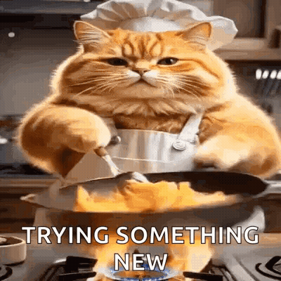 Cat In Chef's Hat And Apron Cooking On Stove GIF