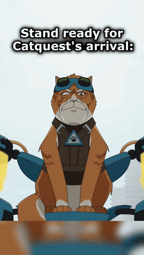 Cat In Goggles And Vest Stand Ready For Catquest's Arrival GIF