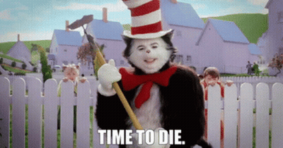 Cat In Hat Holding Broom Saying Time To Die GIF