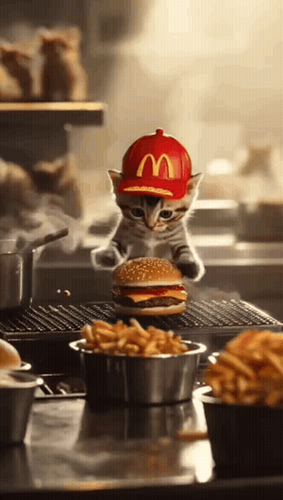 Cat In McDonald's Hat Holding Hamburger GIF