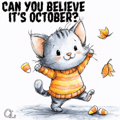 Cat In Orange And Yellow Sweater Holding Candy Corn And Leaves GIF