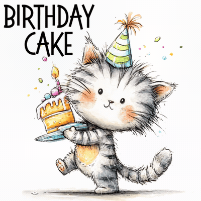 Cat In Party Hat Holding Birthday Cake GIF