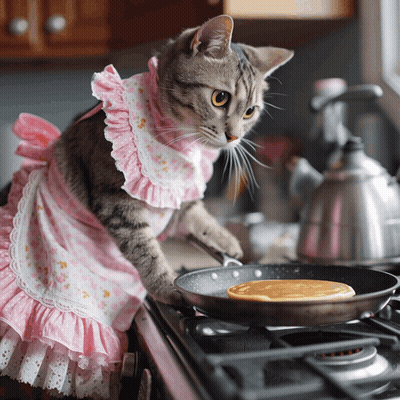 Cat In Pink Apron Cooking Pancakes GIF