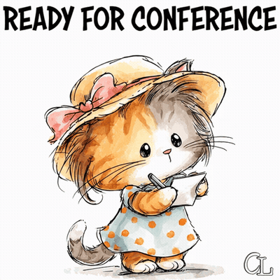 Cat In Polka Dot Dress And Straw Hat Ready For Conference GIF