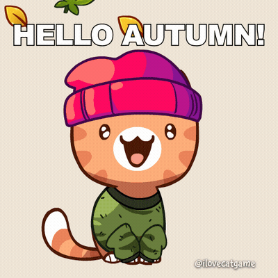 Cat In Purple Hat And Sweater Says Hello Autumn GIF