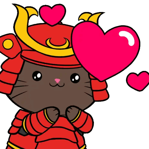Cat In Samurai Costume Holding Heart Sticker
