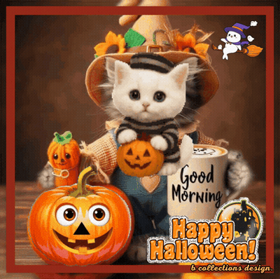 Cat In Scarecrow Costume Holding Pumpkin And Good Morning Cup GIF