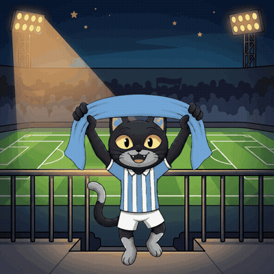 Cat In Soccer Uniform Holding Blue Scarf Over Head GIF