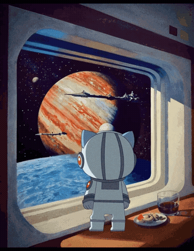 Cat In Space Suit Looking At Planet GIF