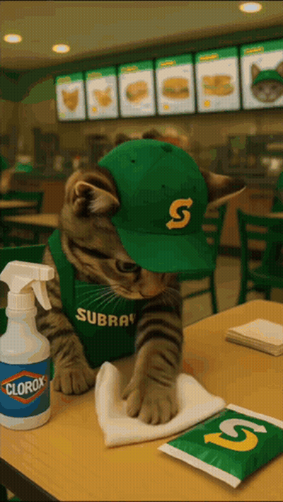 Cat In Subway Uniform Cleaning Table GIF