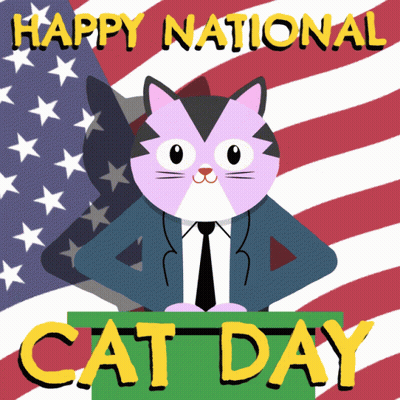 Cat In Suit And Tie Saying Happy National Cat Day With American Flag GIF