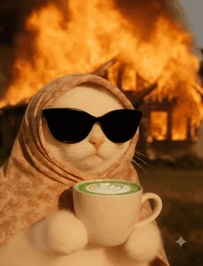 Cat in Sunglasses and Scarf Holding Coffee Before Burning House