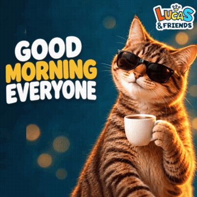 Cat In Sunglasses Holding Coffee Saying Good Morning GIF