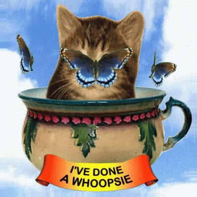 Cat In Teacup With Butterflies And Whoopsie Banner GIF