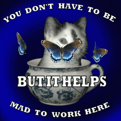 Cat In Teacup With Butterflies Saying But It Helps GIF