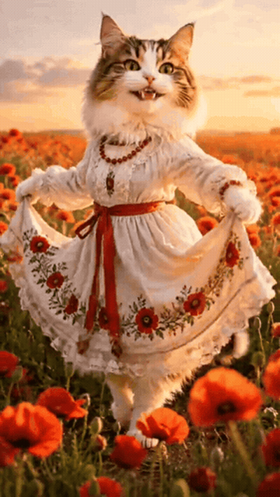 Cat In White Dress In Red Flower Field GIF