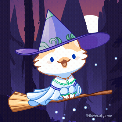 Cat In Witch Hat Flying Broom GIF