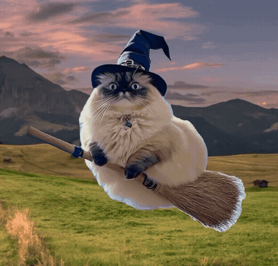 Cat In Witch Hat Flying On Broom In Field GIF