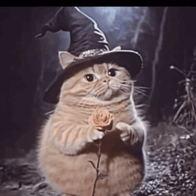 Cat In Witch Hat Holding Rose GIF