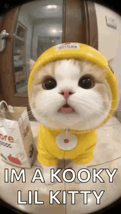 Cat in Yellow Raincoat and Hat Sitting