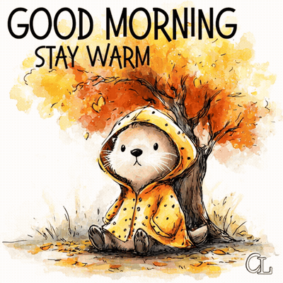 Cat In Yellow Raincoat Saying Good Morning Stay Warm GIF