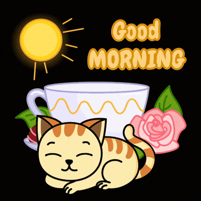 Cat Laying Next To Coffee And Roses Saying Good Morning GIF