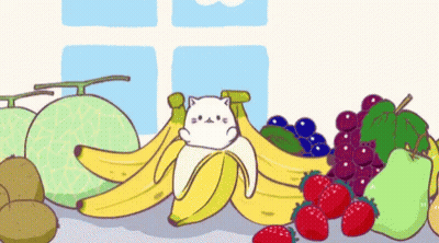 Cat Laying On Banana Surrounded By Fruit GIF
