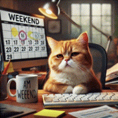 Cat Laying On Desk With Mug Saying Am Weekend GIF