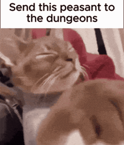 Cat Laying On Lap Saying Send This Peasant To The Dungeons GIF