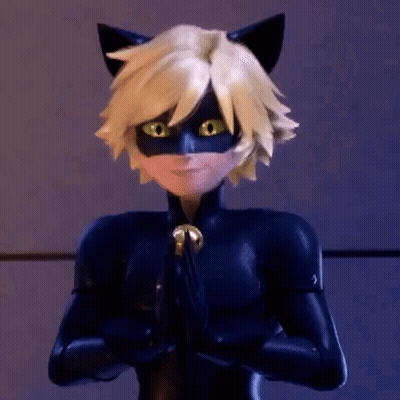 Cat Noir From Miraculous Ladybug Is Standing With His Hands Folded In Front Of His Face . GIF