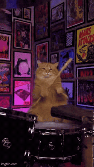 Cat Playing Drums In Front Of Mars Attacks Poster GIF