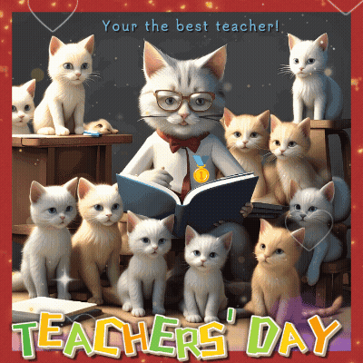 Cat Reading Book To Kittens GIF