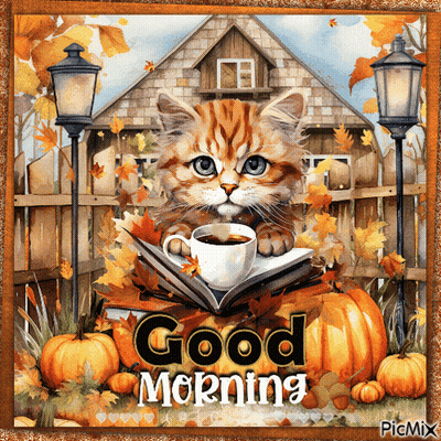 Cat Reading Book With Coffee Saying Good Morning