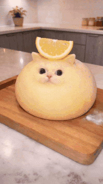 Cat Shaped Bread With Lemon Slice On Head GIF