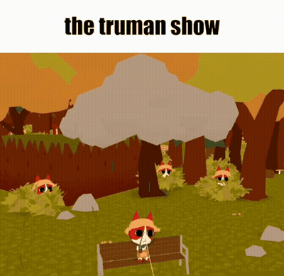 Cat Sitting on Bench Under Cloud with The Truman Show