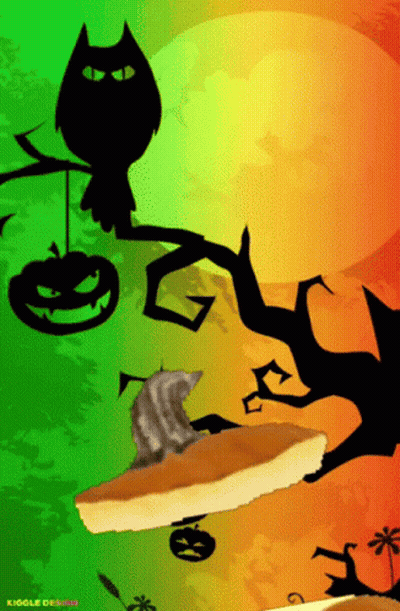 Cat Sitting On Tree Branch Next To Pumpkin And Owl Kiogle Design GIF