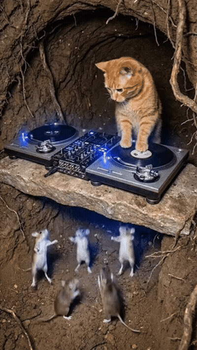 Cat Sitting on Turntable Surrounded by Dancing Mice
