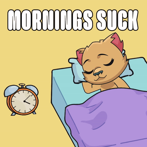 Cat Sleeping Next To Alarm Clock Saying Mornings Suck GIF