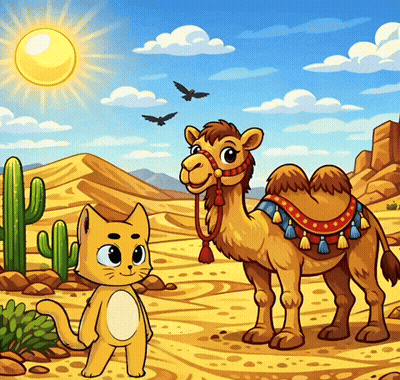 Cat Standing Next To Camel In Desert GIF