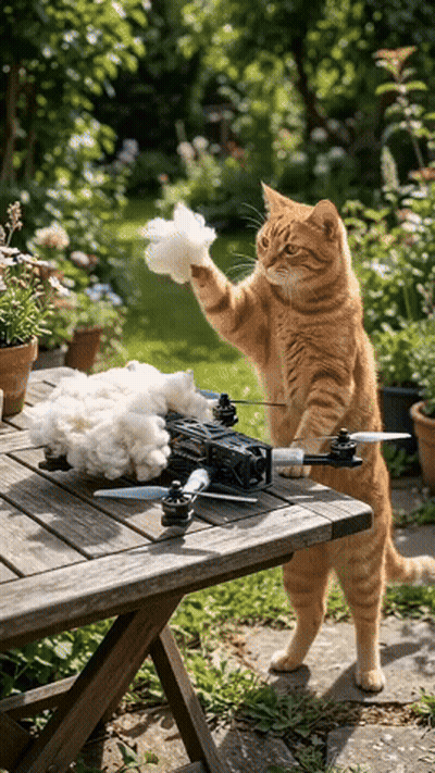 Cat Standing On Hind Legs Next To Drone GIF